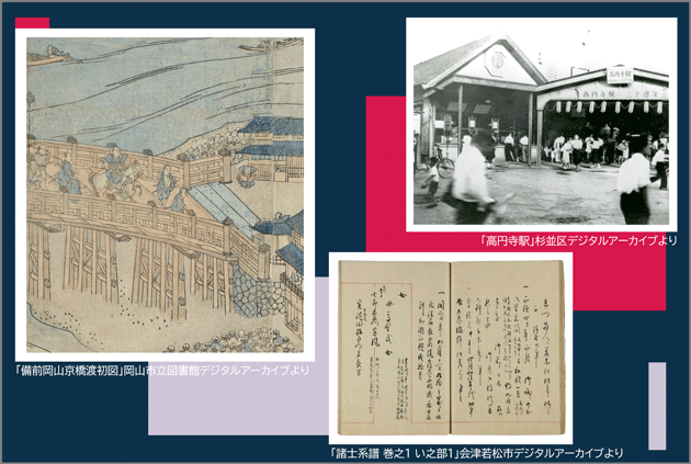 「高円寺駅」杉並区デジタルアーカイブより、「諸士系譜　巻之1　い之部1」会津若松市デジタルアーカイブより、「備前岡山京橋渡初図」岡山市立図書館デジタルアーカイブより
